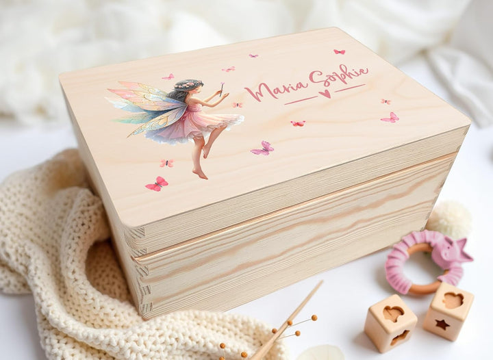 Little Deco Personalisierte Baby Erinnerungsbox mit Fee | L - 40 x 30 x 22 cm | Erinnerungskiste aus