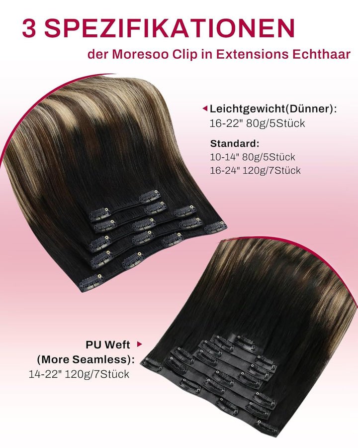 Moresoo Clip Extensions Echthaar Schwarz zu Braun Haarverlängerung Echthaar Clip in Extensions Schwa