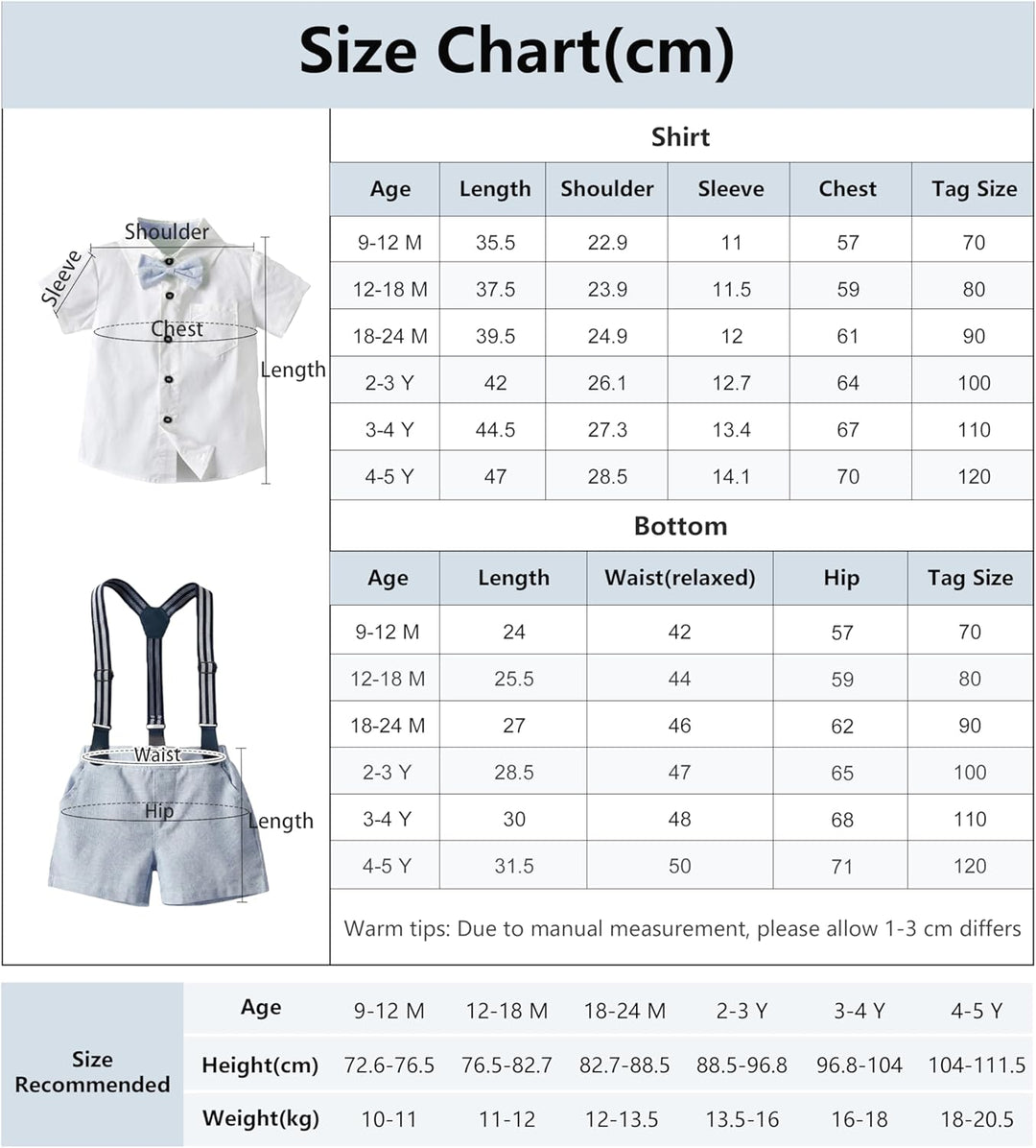 Volunboy Baby Jungen Anzug Set Bekleidung Hemd mit Fliege + Hosenträger Shorts Strampler Anzug 9-12