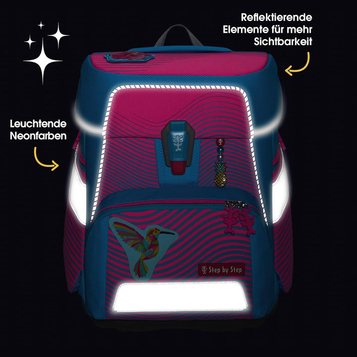 Step by Step Schulranzen-Set SPACE NEON Kolibri Kaja, 5-teilig, rosa-blau, ergonomischer Tornister m