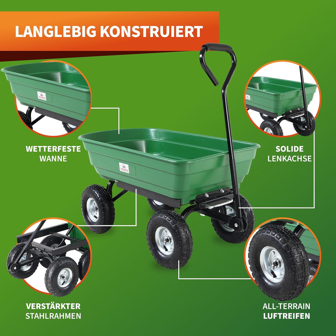GARDEBRUK® Bollerwagen mit Kippfunktion 300kg Belastbar 4 Profil Gelände Räder Luftbereift Lenkachse