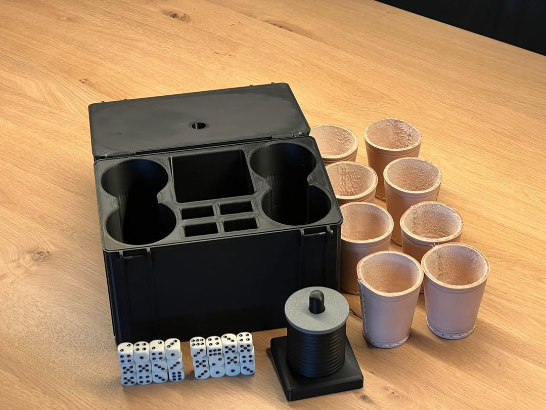 Selfmade Schockbesteck mit Box + Würfel + Becher - Knobelbesteck Schocken Knobeln (Schock Achter, Gr