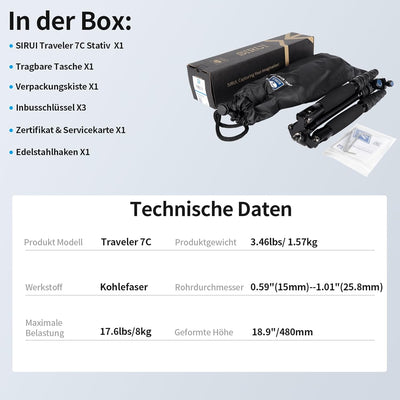 SIRUI Traveler 7C Reisestativ 166cm Carbonfaser Stativ mit E-10 360° Kugelkopf, für Arca Swiss Schne