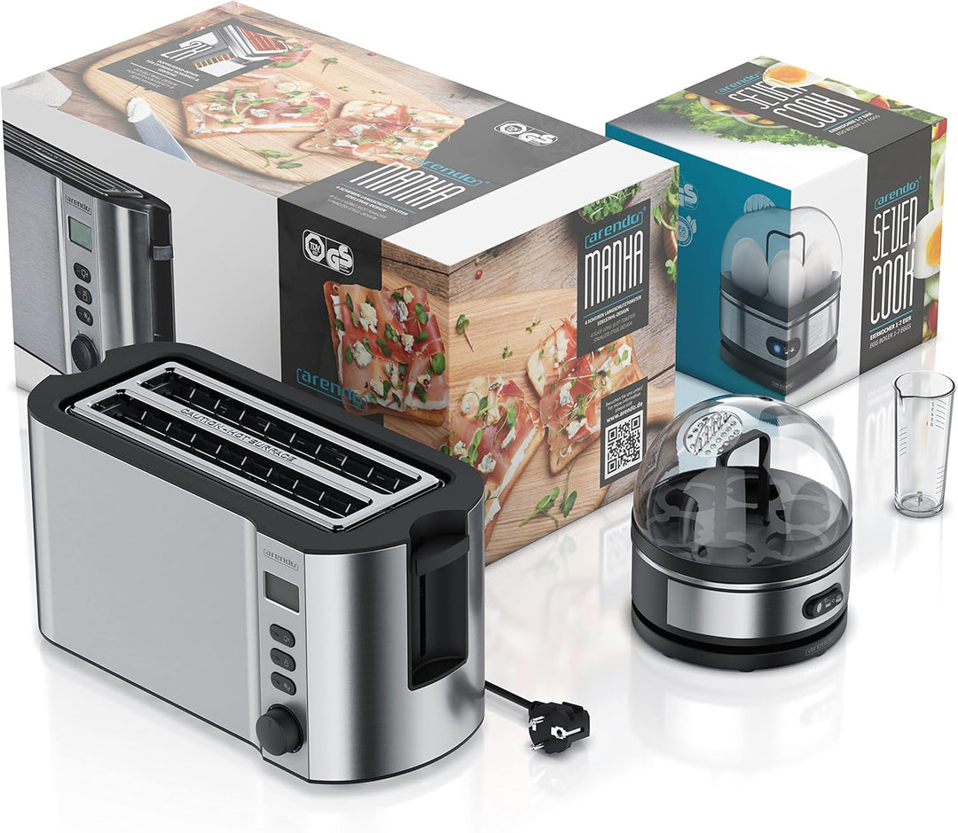 Arendo - SET Toaster MANHA mit Eierkocher SEVENCOOK Edelstahl Silber, Toaster 4 Scheiben LED-Display