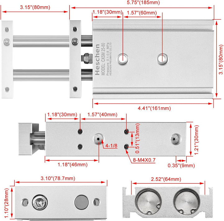 Heschen Doppelter Aluminium-Luftzylinder CXSM 25-80, Führungsstangen-Platte, Doppelstabgeführt, Pneu
