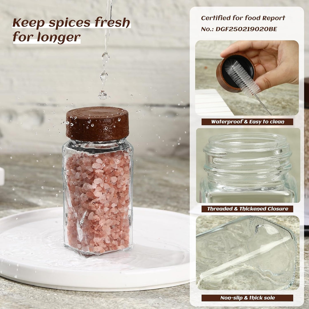 Gewürzgläser aus Glas und Holz, eckig, 24 × 120 ml Gewürzgläser-Set mit Akazienholzdeckel Aufbewahru