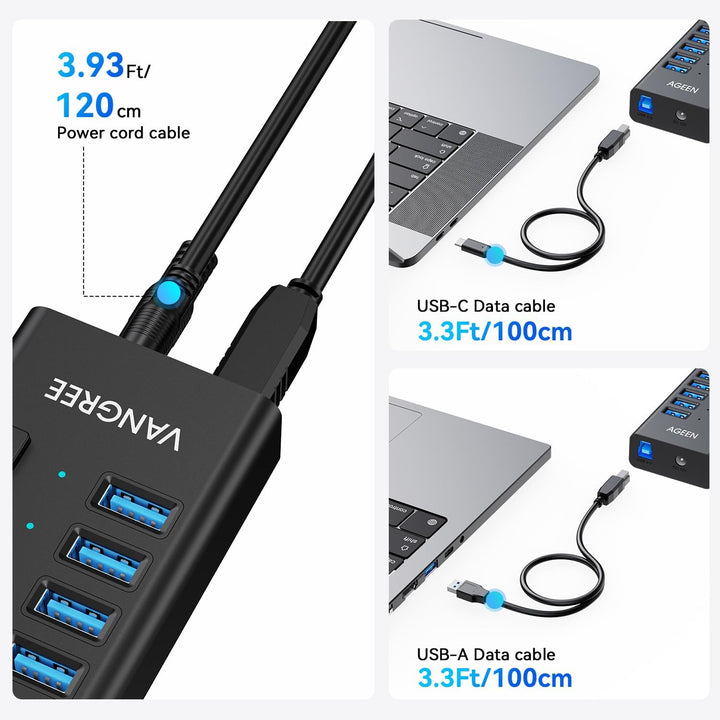 Powered USB Hub 10Gbps, 16 Ports 96W USB 3.2 Hub, Individual On/Off Switches, 12V/8A Power Adapter,