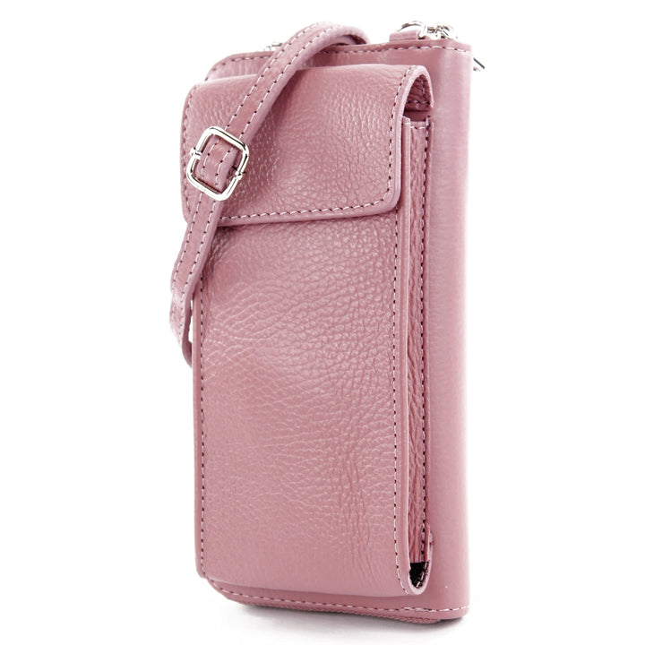 modamoda de - P06 - ital. Damen Umhängetasche Geldbörse Handytasche Leder Altrosa, Altrosa