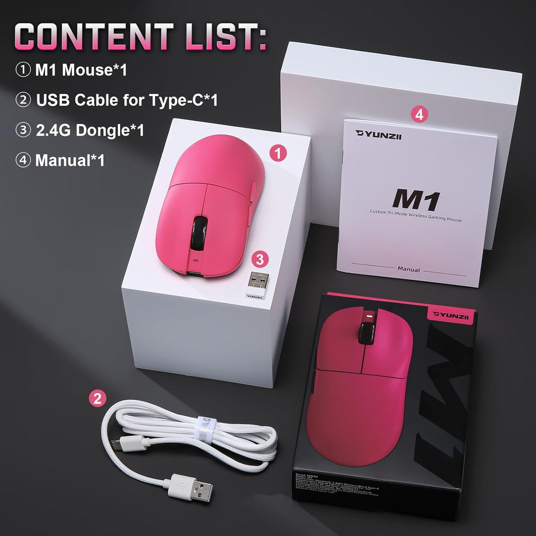 YUNZII M1 Kabellose Gaming-Maus, BT/2.4G Wireless/Wired Ultralight Mouse, PAW3311-Sensor 10000 DPI,