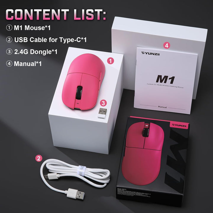 YUNZII M1 Kabellose Gaming-Maus, BT/2.4G Wireless/Wired Ultralight Mouse, PAW3311-Sensor 10000 DPI,