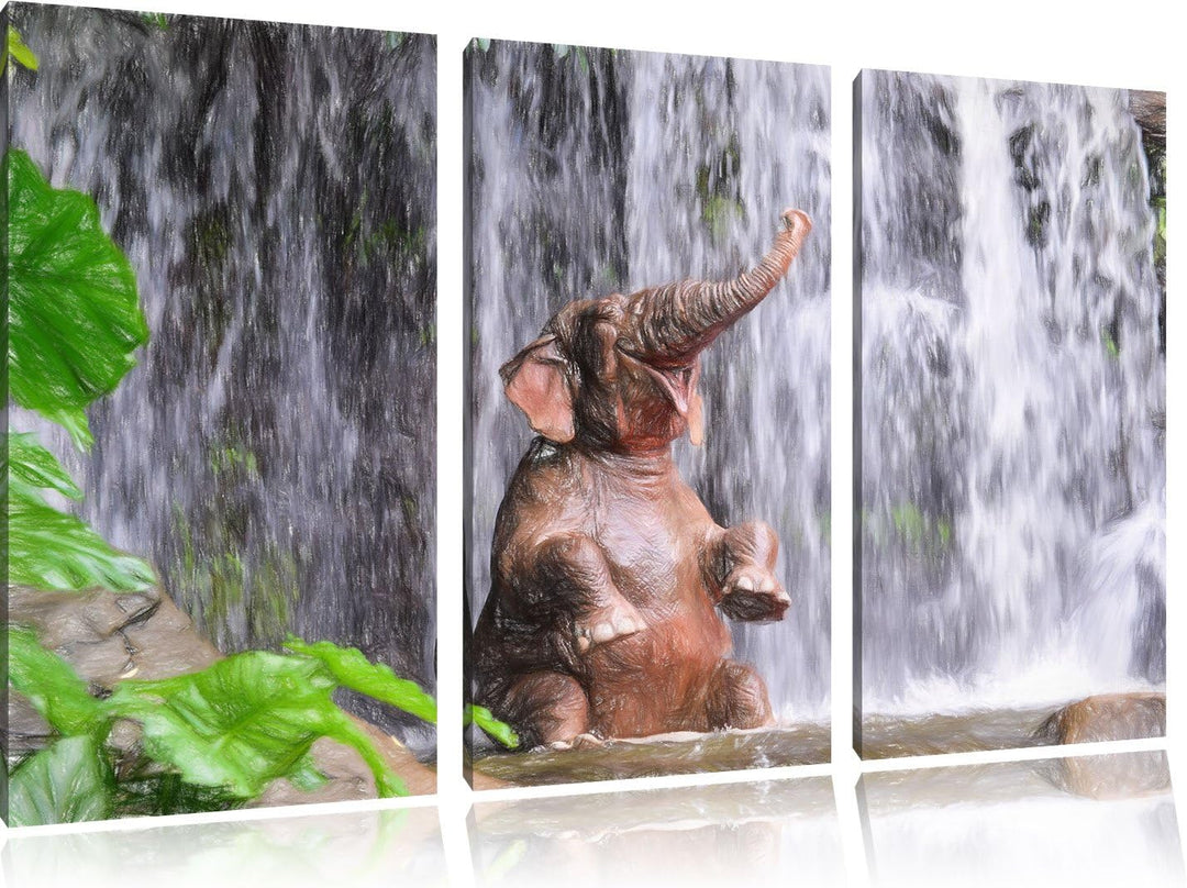 Pixxprint Babyelefant am Wasserfall Kunst Buntstift Effekt 3-Teiler Leinwandbild 120x80 Bild auf Lei