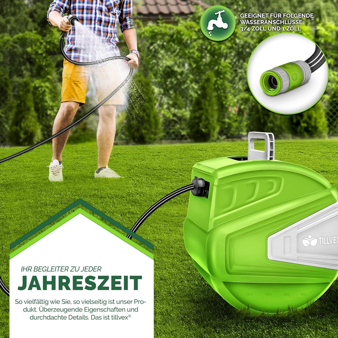 tillvex Schlauchtrommel Wasser 20+2m mit Wandhalterung + Tragegriff | Schlauchaufroller mit Handbrau
