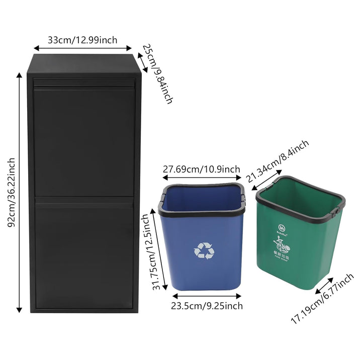 Abfall- und Recycling-Schrank mit 2 Eimern, 15 Gallonen, Schwarz Blau Grün, Edelstahl und Kunststoff