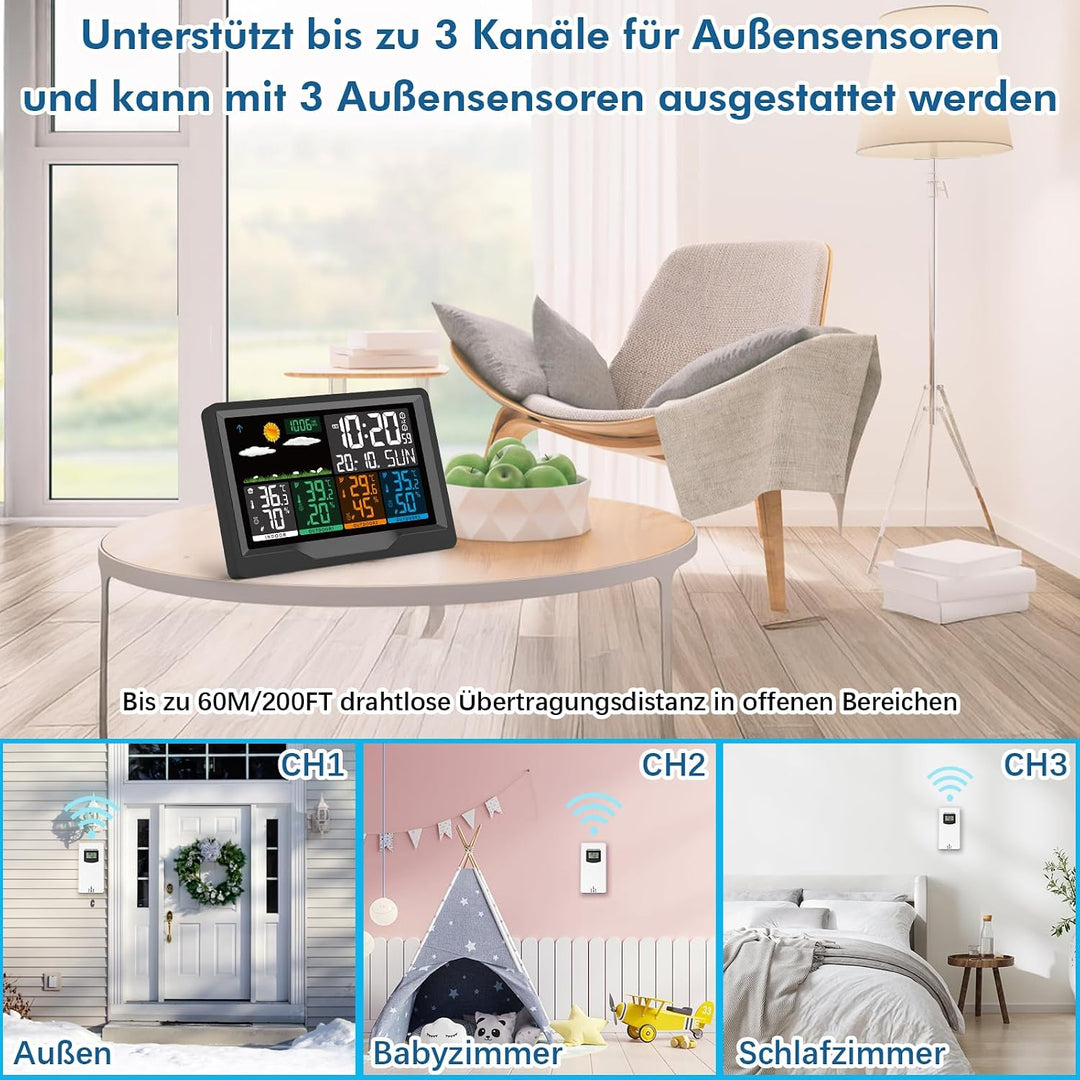 Wetterstation Funk mit Aussensensor, Wetterstation Funk mit 3 Aussensensor, 7,5" VA-Farbdisplay Funk