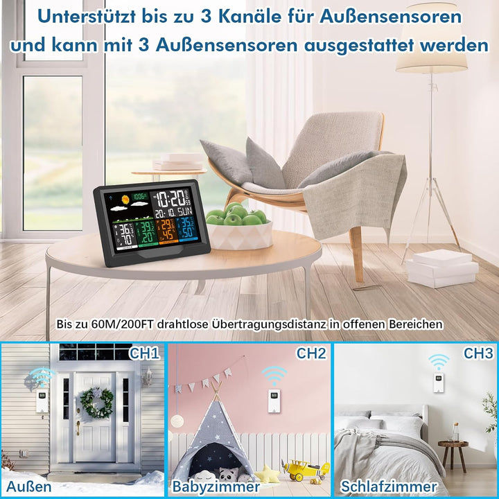 Wetterstation Funk mit Aussensensor, Wetterstation Funk mit 3 Aussensensor, 7,5" VA-Farbdisplay Funk