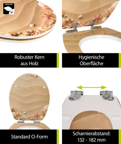 'aquaSu® WC-Sitz mit Absenkautomatik, Maritim Dekor Muschelsucher, High Gloss Toilettensitz mit Holz