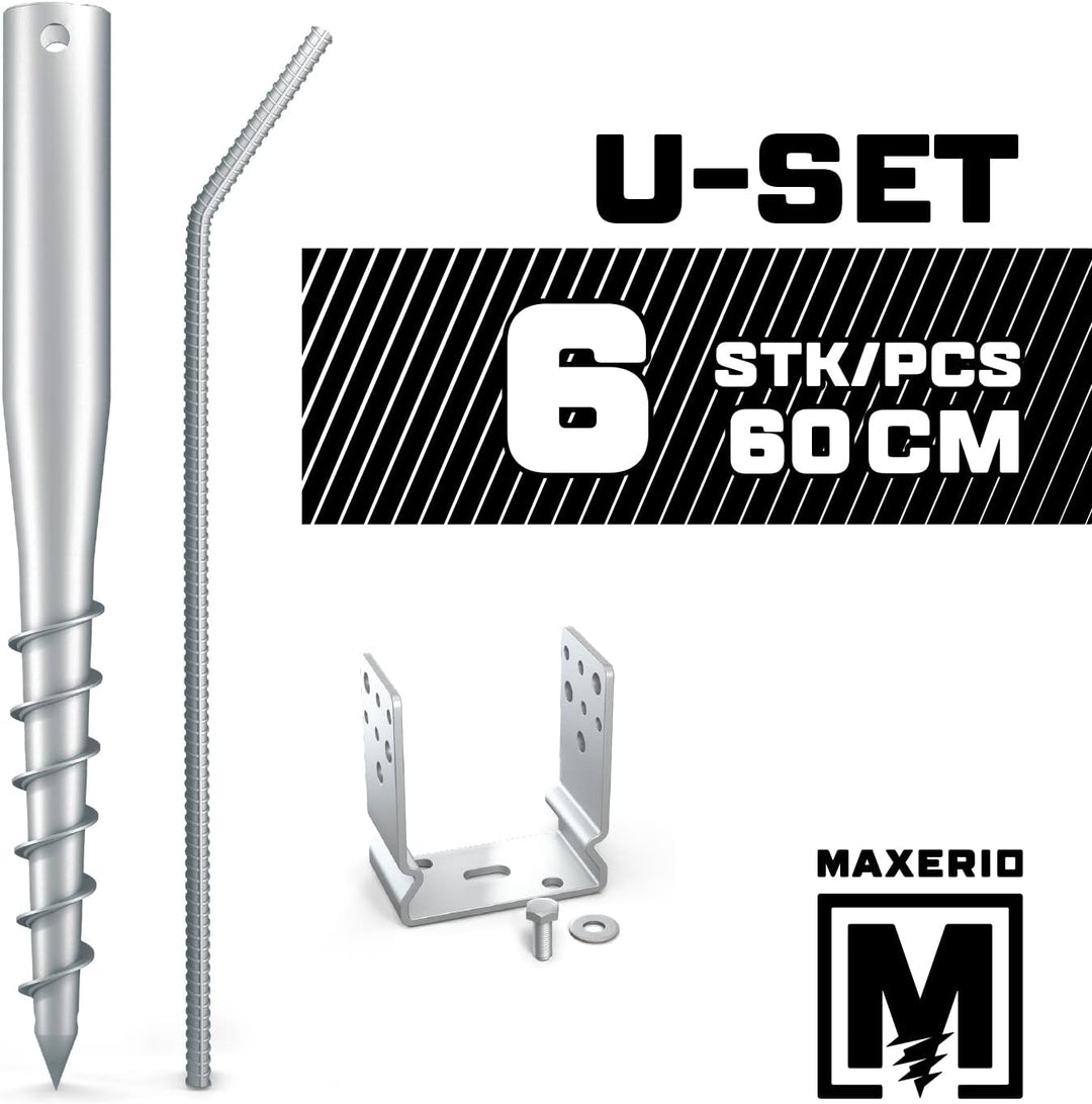 Maxerio 60 cm U-Set 6er Schraubfundamente inkl. 81 mm Pfostenträger; Ø 60 x 2; M12 8cm 6er U-Set, 8c