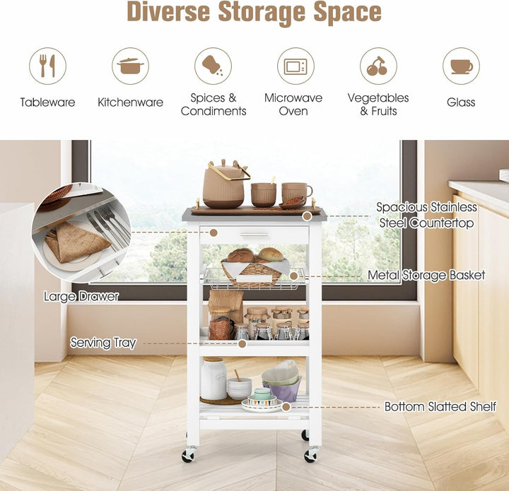 KOMFOTTEU Servierwagen mit Edelstahl Arbeitsplatte, Küchenwagen Klein, Rollwagen mit Schublade & Abl