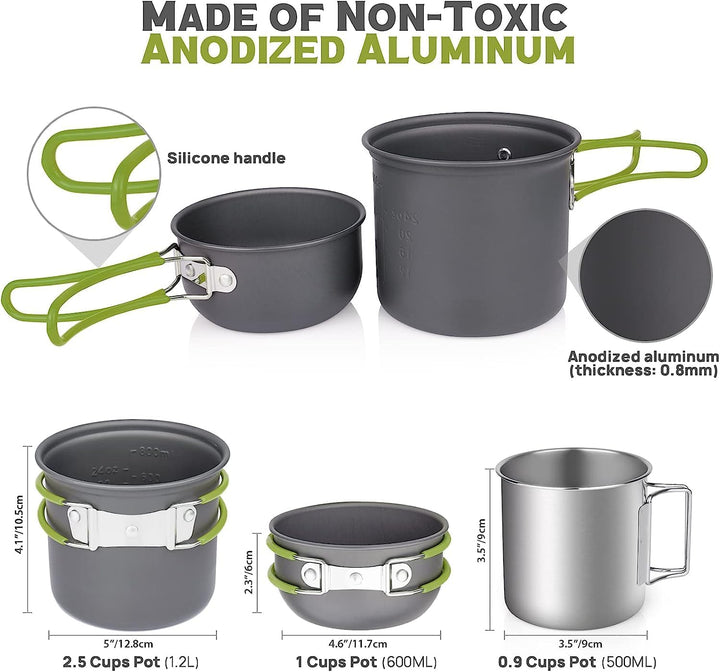 Camping Kochgeschirr Mess Kit - ISFORU Camping Kochset, Kompaktes Camping Topf und Pfannen Set für 1