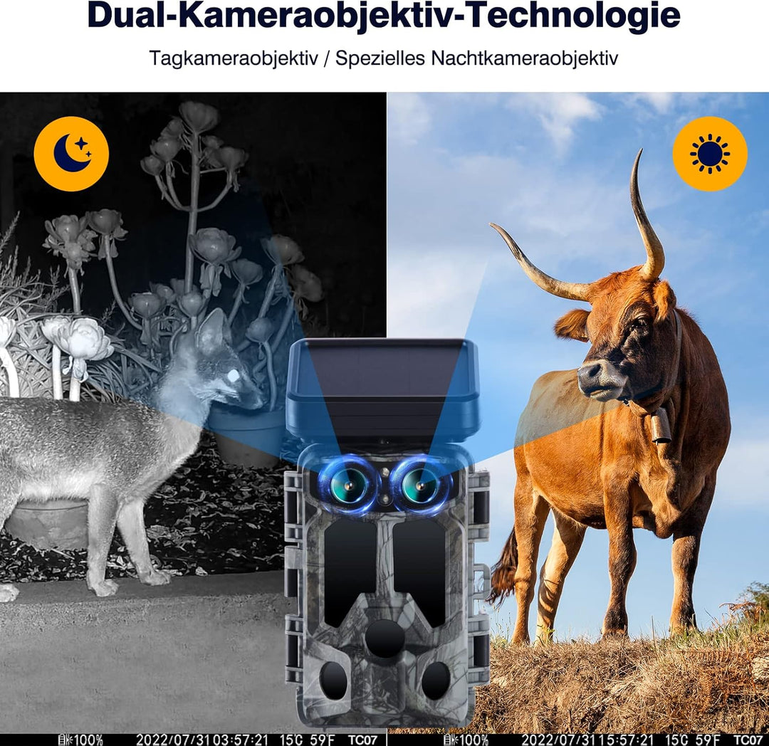 VOOPEAK Solar Wildkamera Duales Objektiv, 4K 60MP Wildkamera WLAN Sternenlicht Nachtsicht, Wildtierk