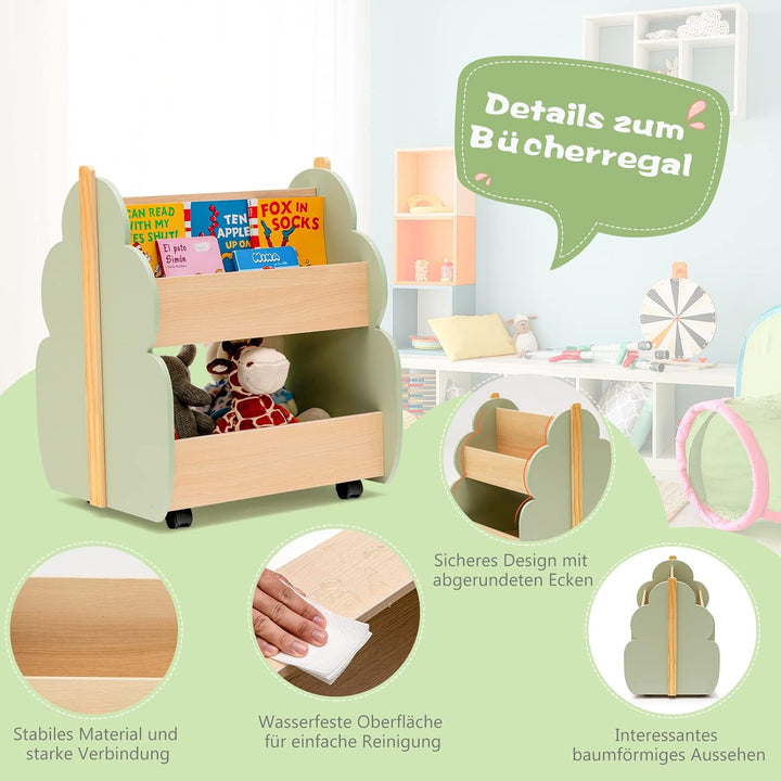 COSTWAY Kinder Bücherregal auf Rollen, 2 Ebenen Spielzeugregal aus Holz, 52 x 46 x 62,5 cm (Grün), G