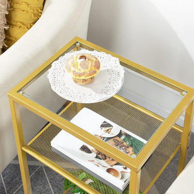 HOOBRO Beistelltisch Gold, Telefontisch, 3-stöckiger Nachttisch mit Platte aus gehärtetem Glas und G
