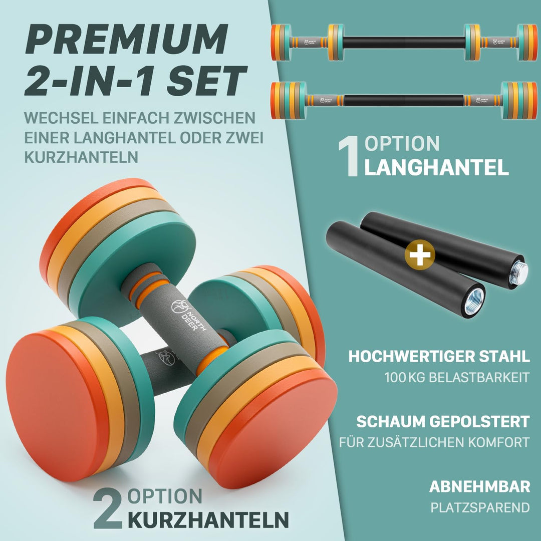 Northdeer 2in1 Set Verstellbar Stahl Kurzhanteln Langhanteln 10kg 2er Set - Ultrakompakte Gewichte 2