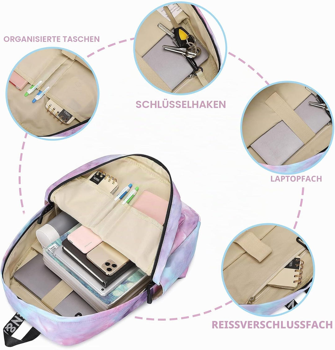 Lohol Leichter Schulrucksack für Mädchen, Kinder-Schulranzen-Rucksack mit Aufdruck (Batiken Lila), B