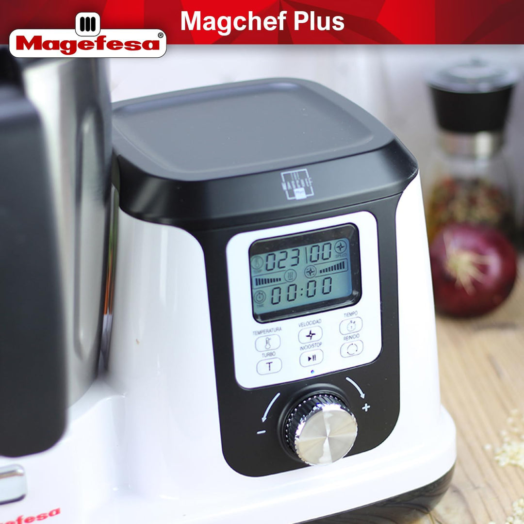 Magefesa Magchef Plus – Multifunktionaler Küchenroboter Weiss, 3,3L, 23 Funktionen, Rezeptbuch, Spat