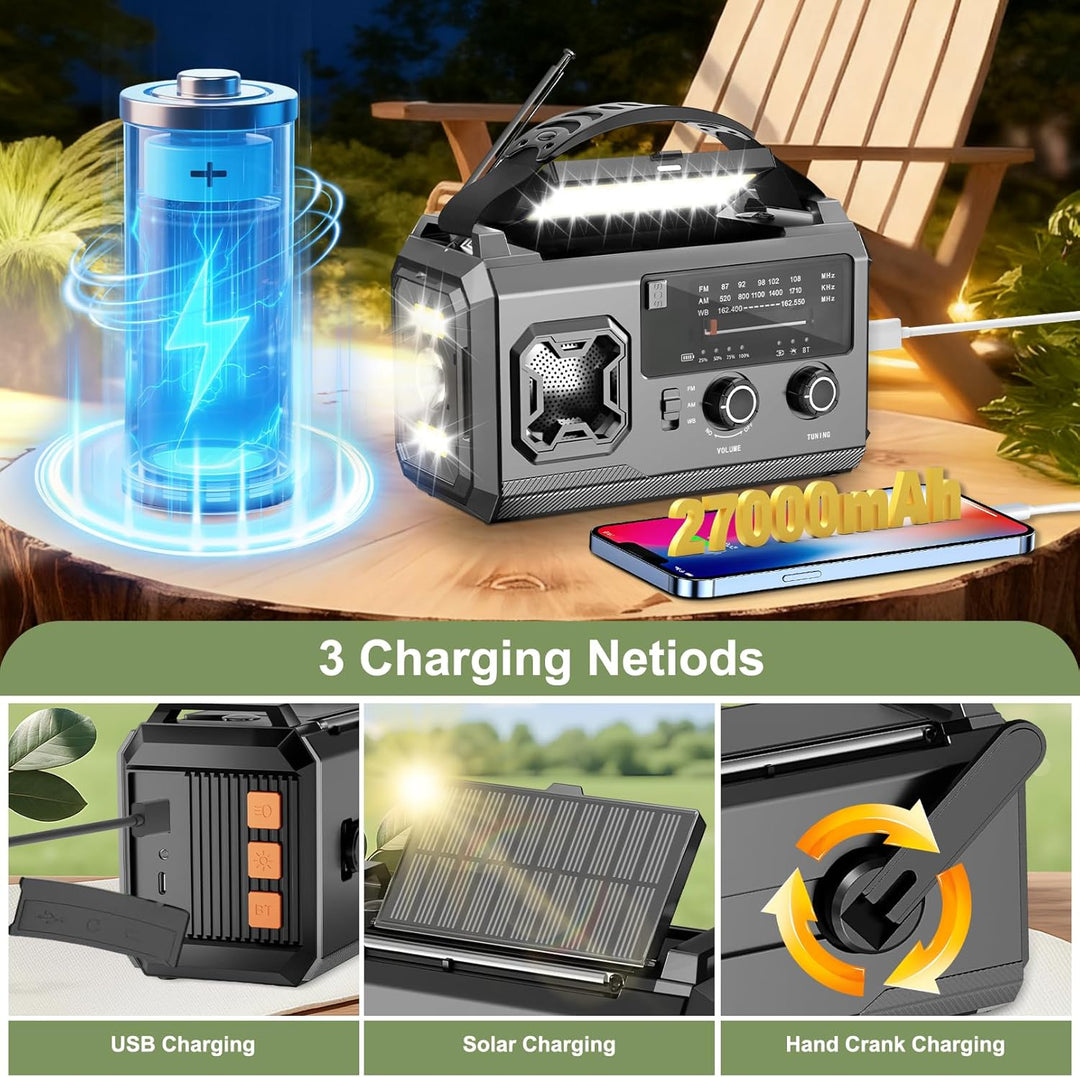 LIFOCI Kurbelradio - 27000mAh Notfallradio mit Kurbel und Solar, Tragbar Solar Notfall Radio mit AM/