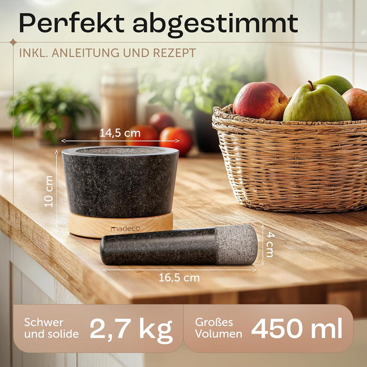madeco Mörser mit Stössel Granit auf Holzsockel Eiche Ø 14,5 cm - Perfekt geeignet für Gewürze, Kräu