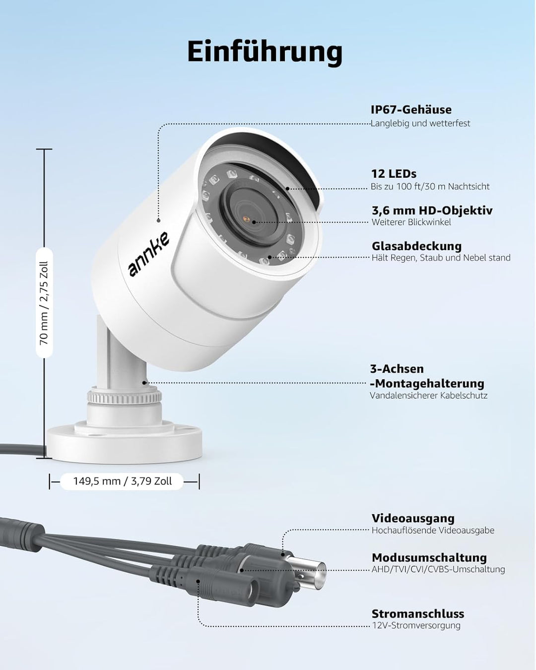 ANNKE AHD/TVI/CVI/CVBS 4-in-1 1080P Überwachungskamera, wetterfeste analoge IP66 Wasserdicht, Überwa