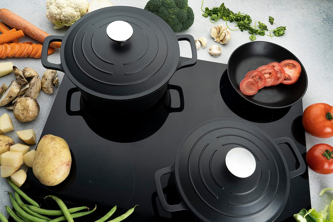 Commichef Runde Kasserolle, Auflaufform, Schwarz, Aluminiumguss, Mit Deckel, 28cm Durchmesser, 6,5 L