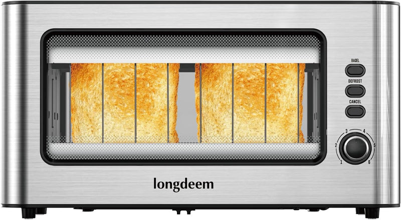 LONGDEEM 2 Slice Toaster 1.75" Extra Wide Slots, See-Through Window 6-Shade Settings & Reheat/Defros