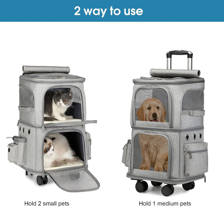 Doppelter Rucksack 2 in 1 für kleine Katzen und Hunde, Rucksack mit Rädern, Tragbare Haustier-Transp