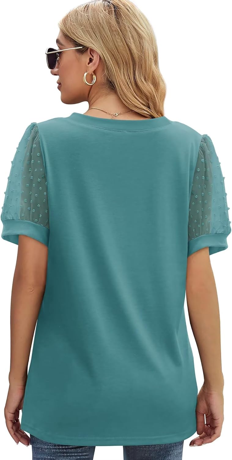 Aokosor Damen Sommer Tops V-Ausschnitt T-Shirt Schweizer Punkt Puffy Ärmel Shirts S Grünblaugrün, S