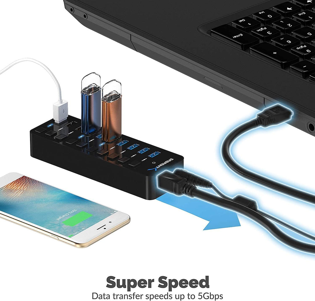 SABRENT USB Hub aktiv 3.2 gen1 + netzteil 60W 10port (7 USB hub 3.2 + 3 USB 2) USB Adapter mehrfach