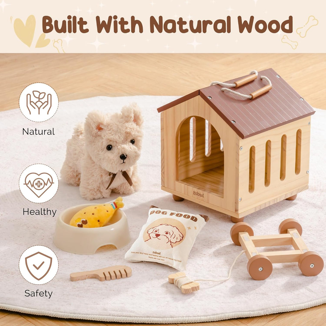 ROBUD Hund Spielzeug Kinder, 2-in-1 Nachziehtiere Spielzeug & Tierpflege Rollenspielset mit Holz Hun