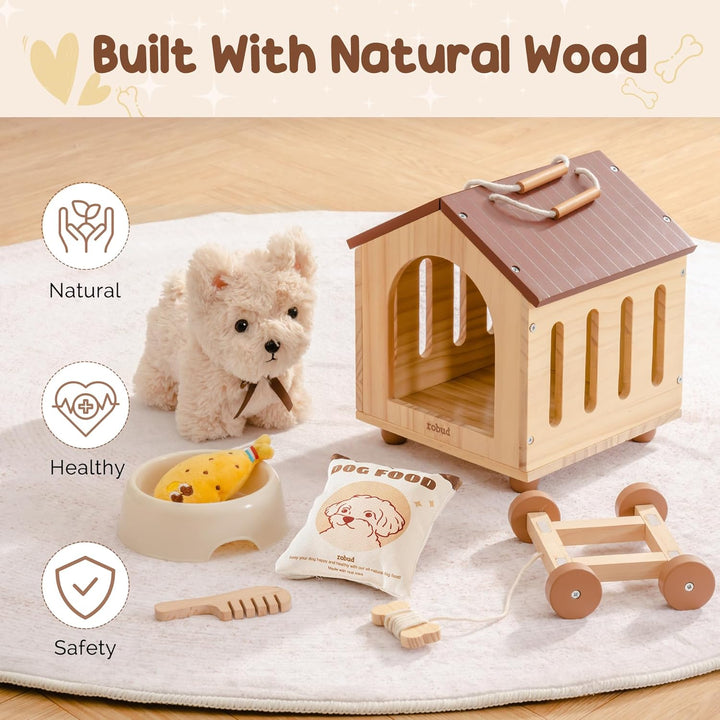 ROBUD Hund Spielzeug Kinder, 2-in-1 Nachziehtiere Spielzeug & Tierpflege Rollenspielset mit Holz Hun