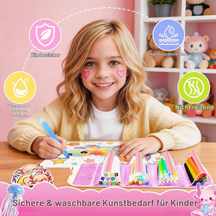 JYPS Malset für Kinder mit Federmäppchen, 70 Stück Axolotl Waschbar Schreibset Set mit Filzstifte, G