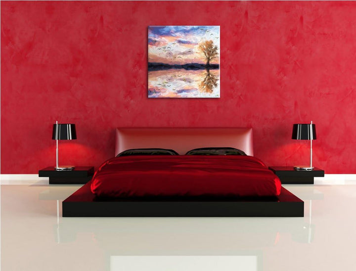Baum in Dämmerung, Format: 70x70 auf Leinwand, XXL riesige Bilder fertig gerahmt mit Keilrahmen, Kun