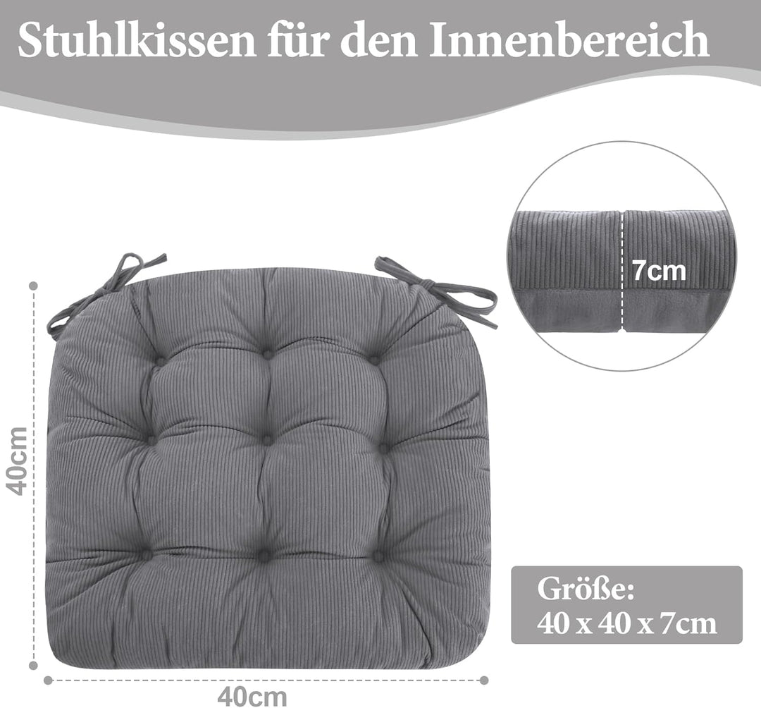 2er Set Stuhlkissen, 40x40x7 cm, Hellgrau – Bequeme Sitzkissen aus Cordstoff und Kristallsamt mit Bi