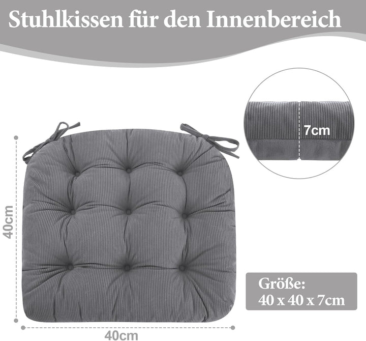 2er Set Stuhlkissen, 40x40x7 cm, Hellgrau – Bequeme Sitzkissen aus Cordstoff und Kristallsamt mit Bi