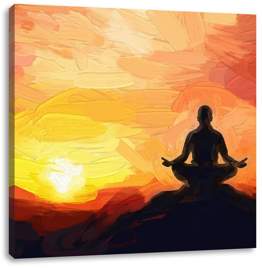 Pixxprint meditierender Mönch im Sonnenuntergang, Format: 70x70 auf Leinwand, 70x70