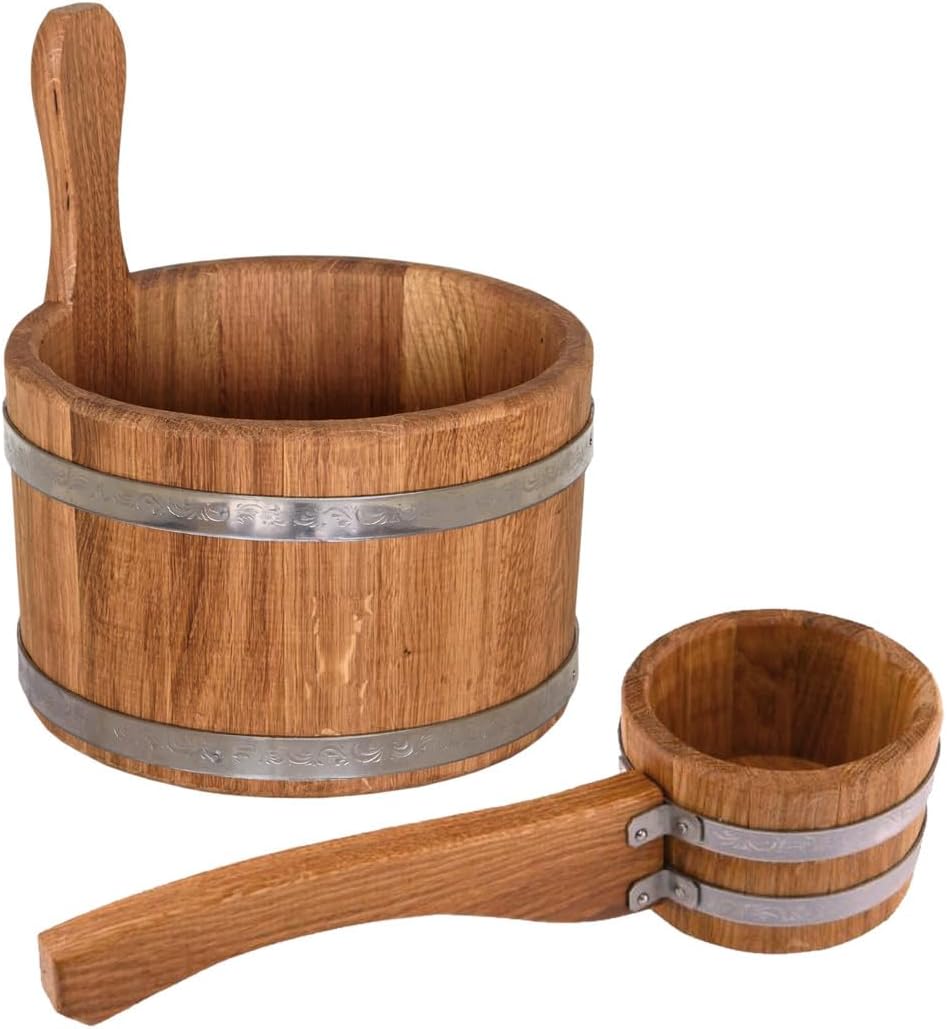 Waldmeister Sauna Set - Eichenholz Aufgusskübel 5L -inkl. 0,5L Sauna Aufgusskelle - 30 x 27 x 27 cm
