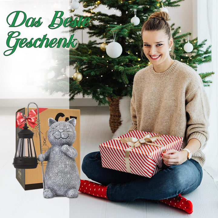 Yeomoo Katze Gartenfiguren für Aussen mit Solar Laterne – Lustig Wasserdicht Solarlampe Figur Garten