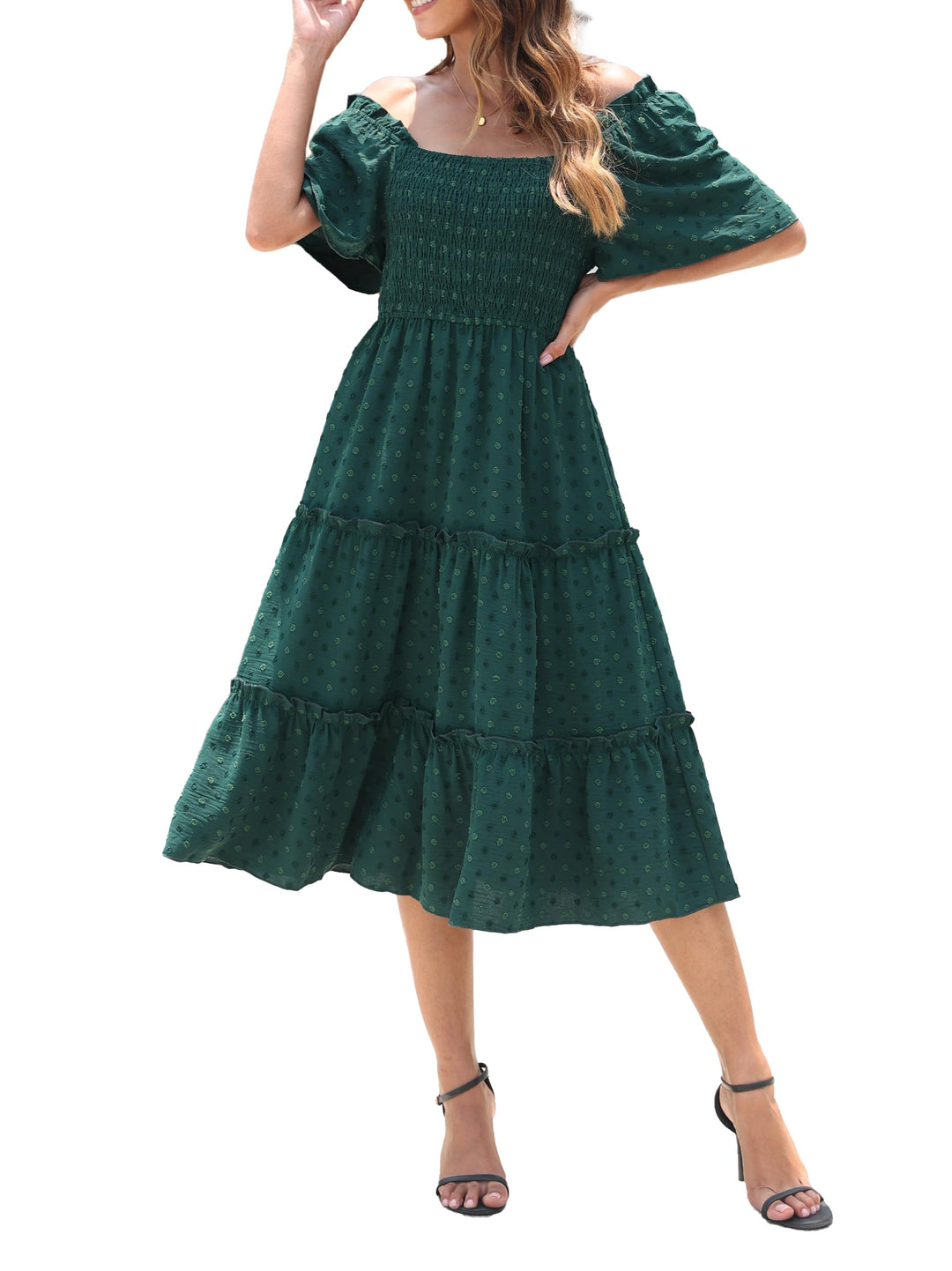 Damen Smocked Midi Kleid Kurzarm U-Ausschnitt Sommerkleid A-Linie Maxikleid Cocktail M Meeresgrün, M