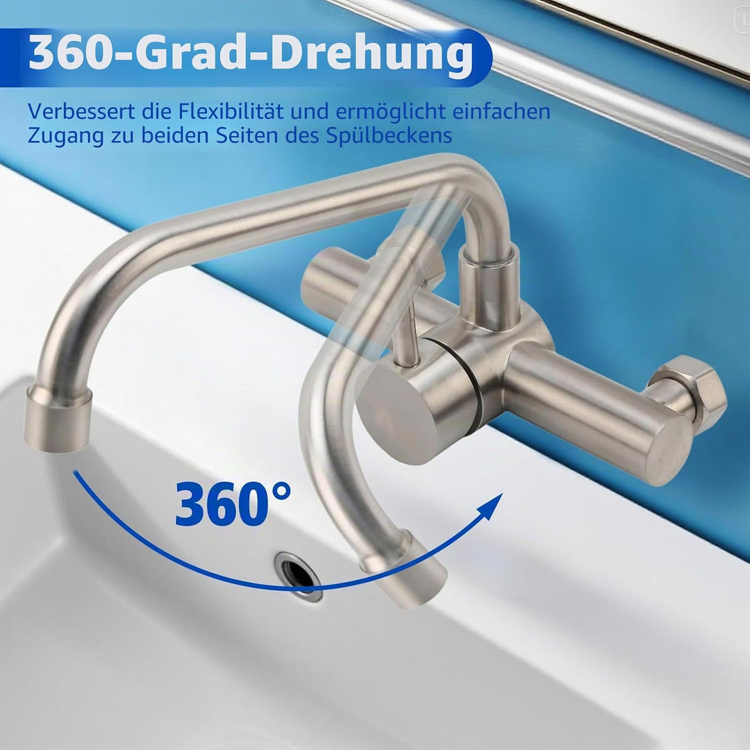 Wasserhahn Wandmontage, 360° Drehbare Wasserhahn Küche, Einhebelmischer aus Edelstahl 304, Kaltes un