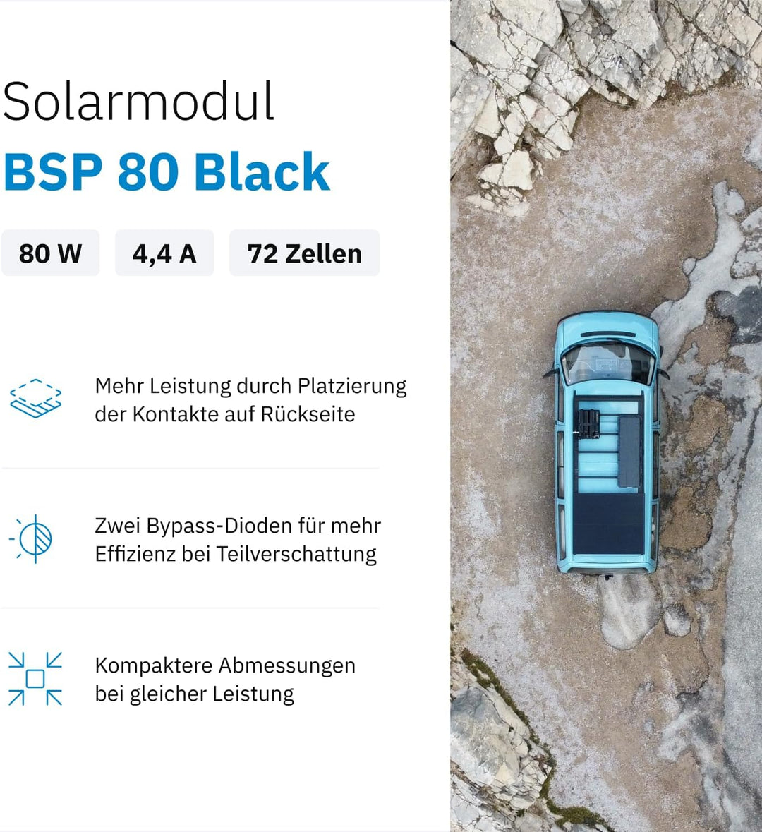 ECTIVE Solarpanel BSP 80 Black - 80W, 4,4A, 72 Zellen, für 12V 24V Batterieladeregler - Monokristall