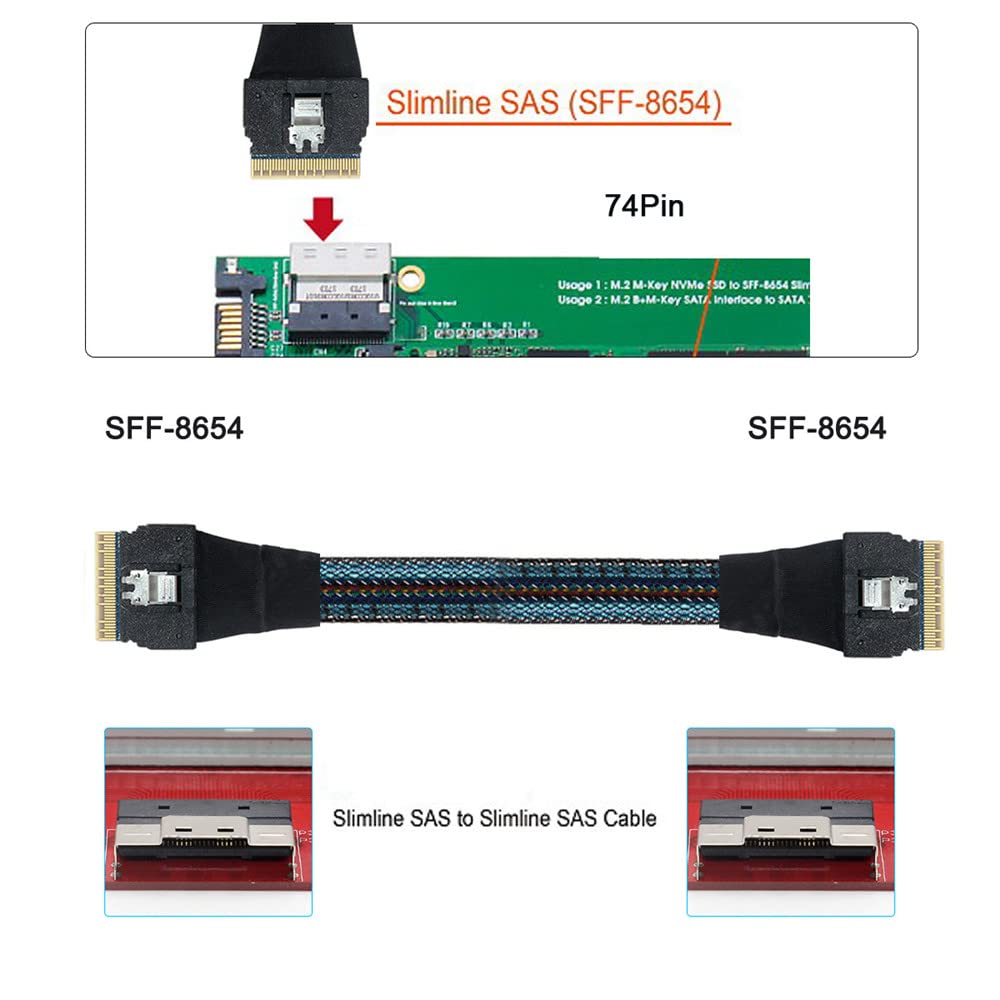 xiwai PCI-E Slimline SAS 4.0 SFF-8654 8i 74pin Host auf SFF-8654 74pin Slim SAS Target Kabel 50cm SF